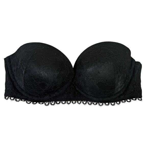 Victoria’s Secret Strapless Bra Womens 36C Black Lace Push Up Floral Romantic - Picture 1 of 4